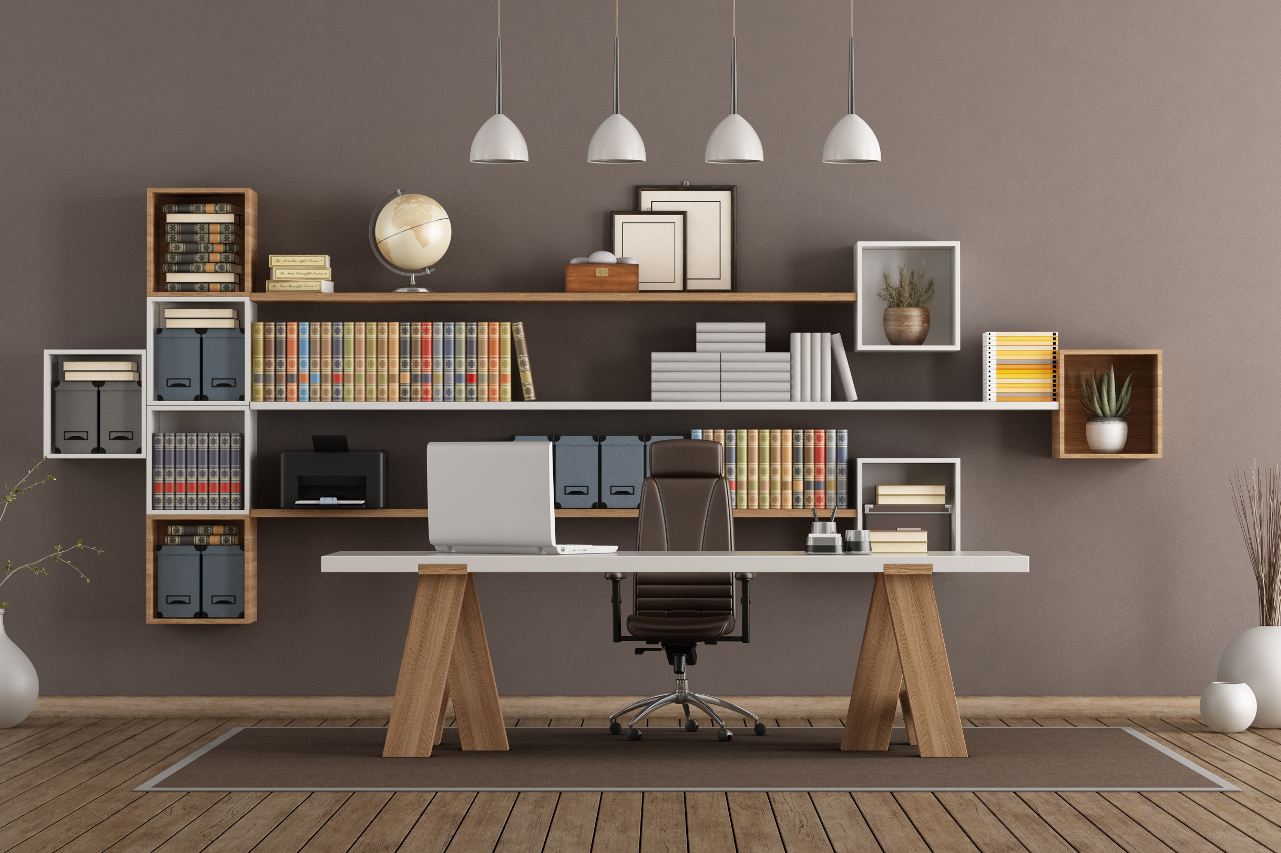 Modern office with wooden bookcase and desk – 3d rendering