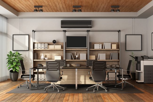 Modern boardroom with meeting table and bookcase – 3d rendering